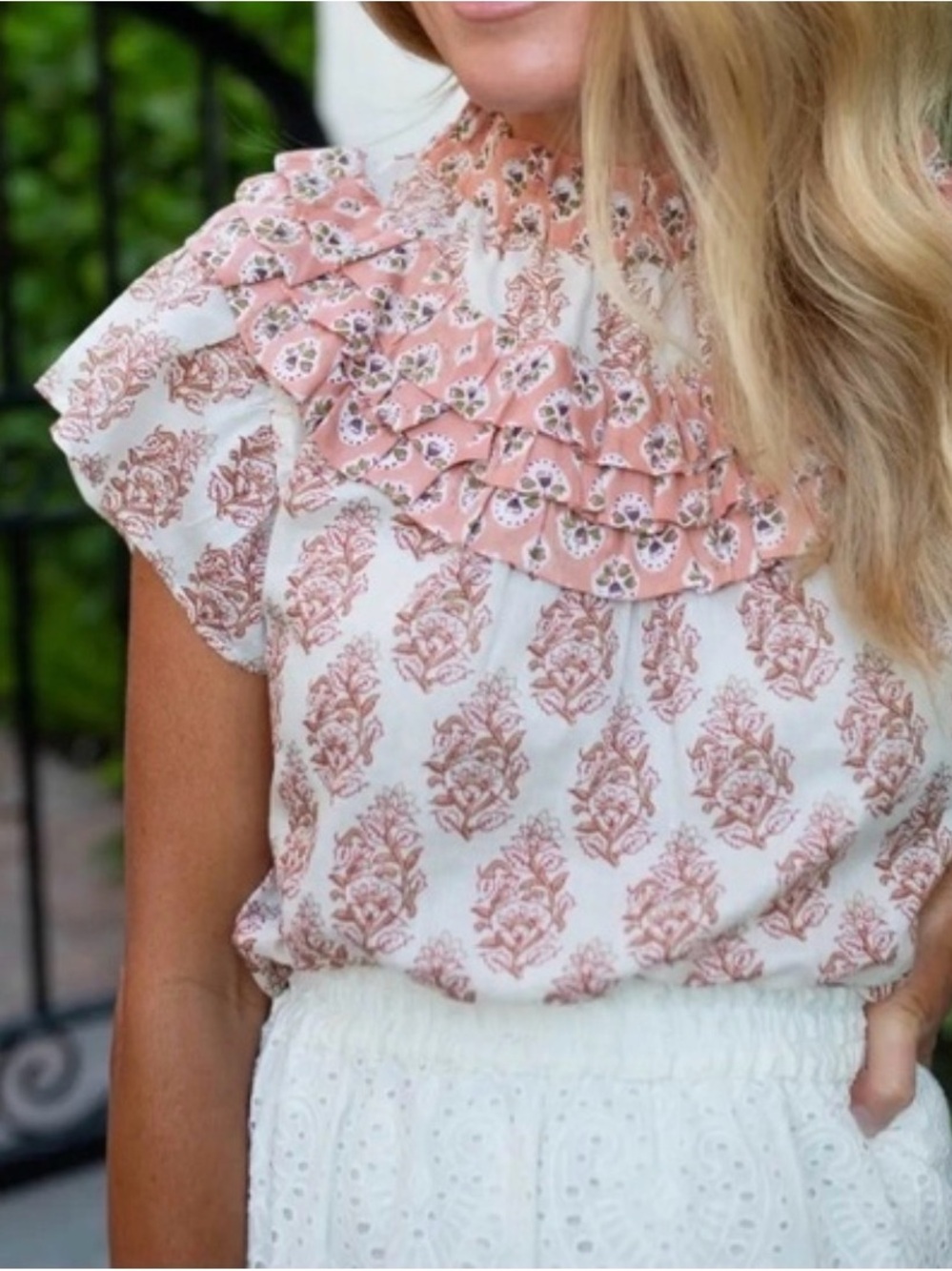 Marea Cotton Block Print Floral Pattern Boho High Neck Flutter Sleeve Top Size S